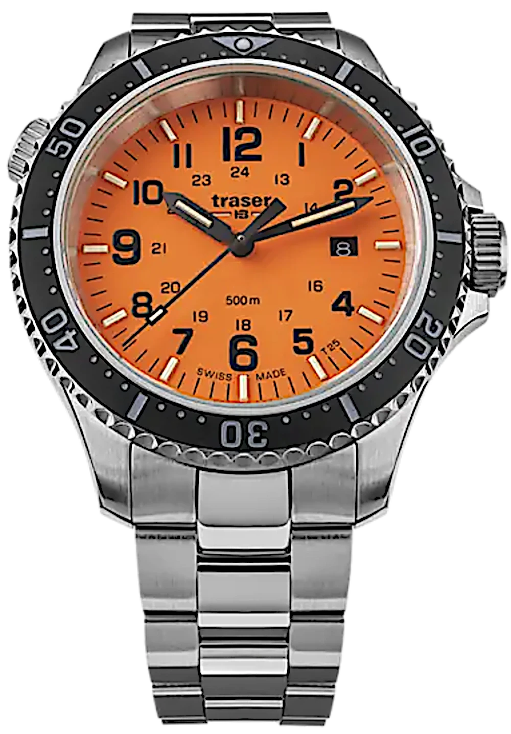 Montre homme avec cadran orange, lunette noire et bracelet en métal