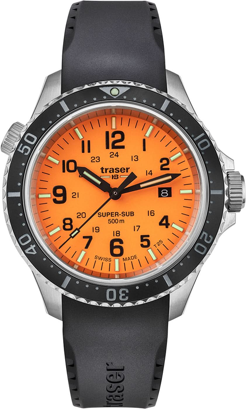 Herrenarmbanduhr mit schwarzem Gehäuse, orangefarbenem Zifferblatt und Silikonarmband.
