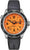 Herrenarmbanduhr mit schwarzem Gehäuse, orangefarbenem Zifferblatt und Silikonarmband.
