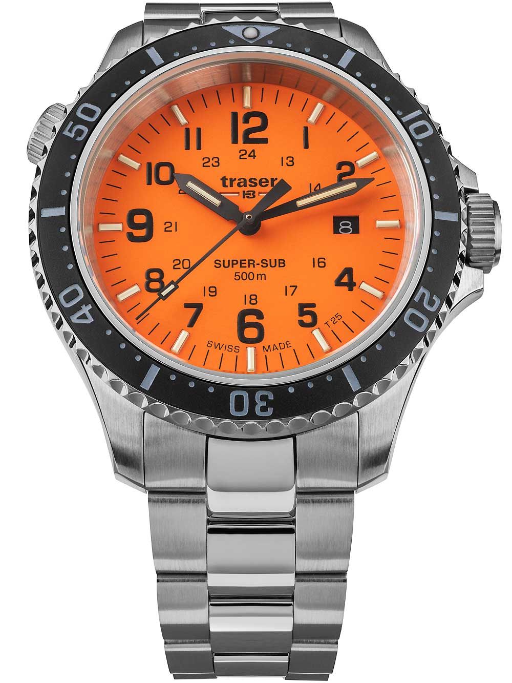 Herrenarmbanduhr mit orangefarbenem Zifferblatt, Edelstahlarmband und schwarzer Lünette