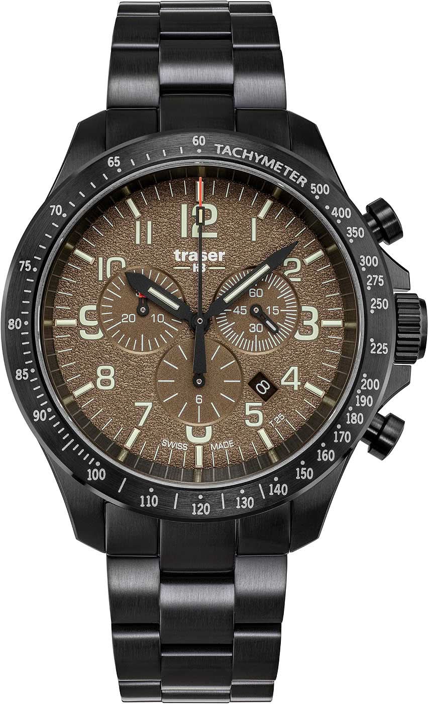 Herrenchronograph mit schwarzem Metallband, braunem Zifferblatt und Stoppuhr-Totalisatoren