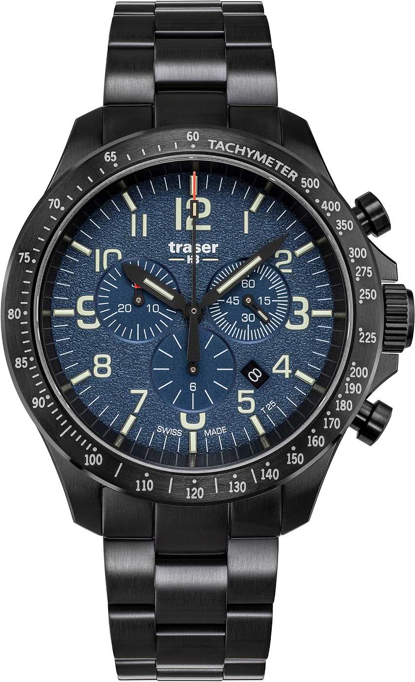 Bracelet de montre pour homme en métal noir, cadran bleu et affichages chronographes.