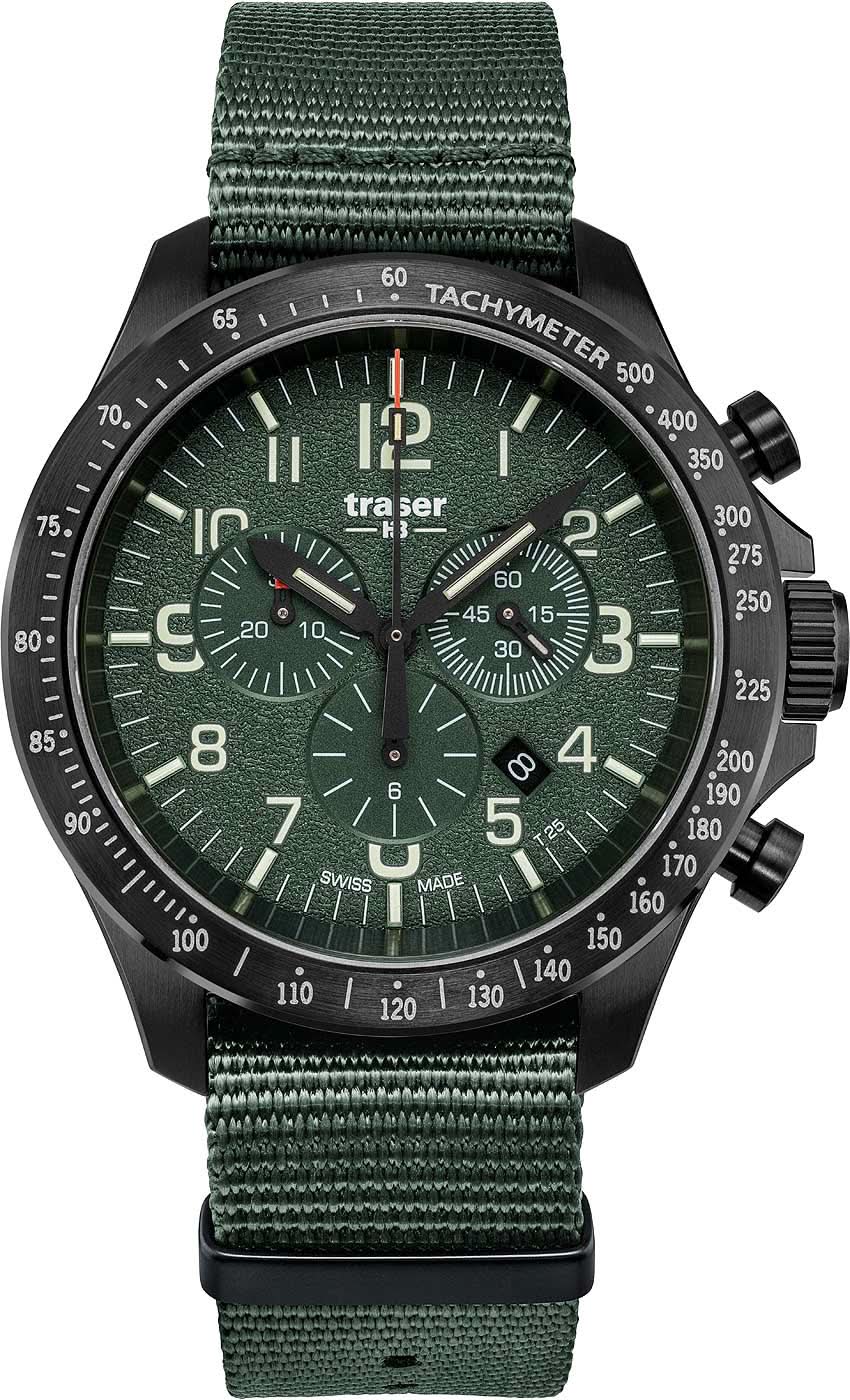 Herren-Chronograph mit dunkelgrünem Zifferblatt und grünem Textilband, Sicht auf Drücker