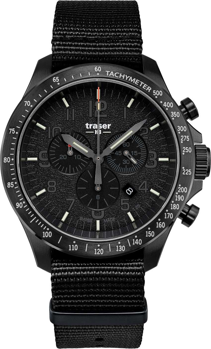 Bracelet de montre pour homme : bracelet textile noir, cadran noir, lunette tachymètre