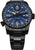 Montre noire pour homme avec bracelet en métal et cadran bleu, accents jaunes