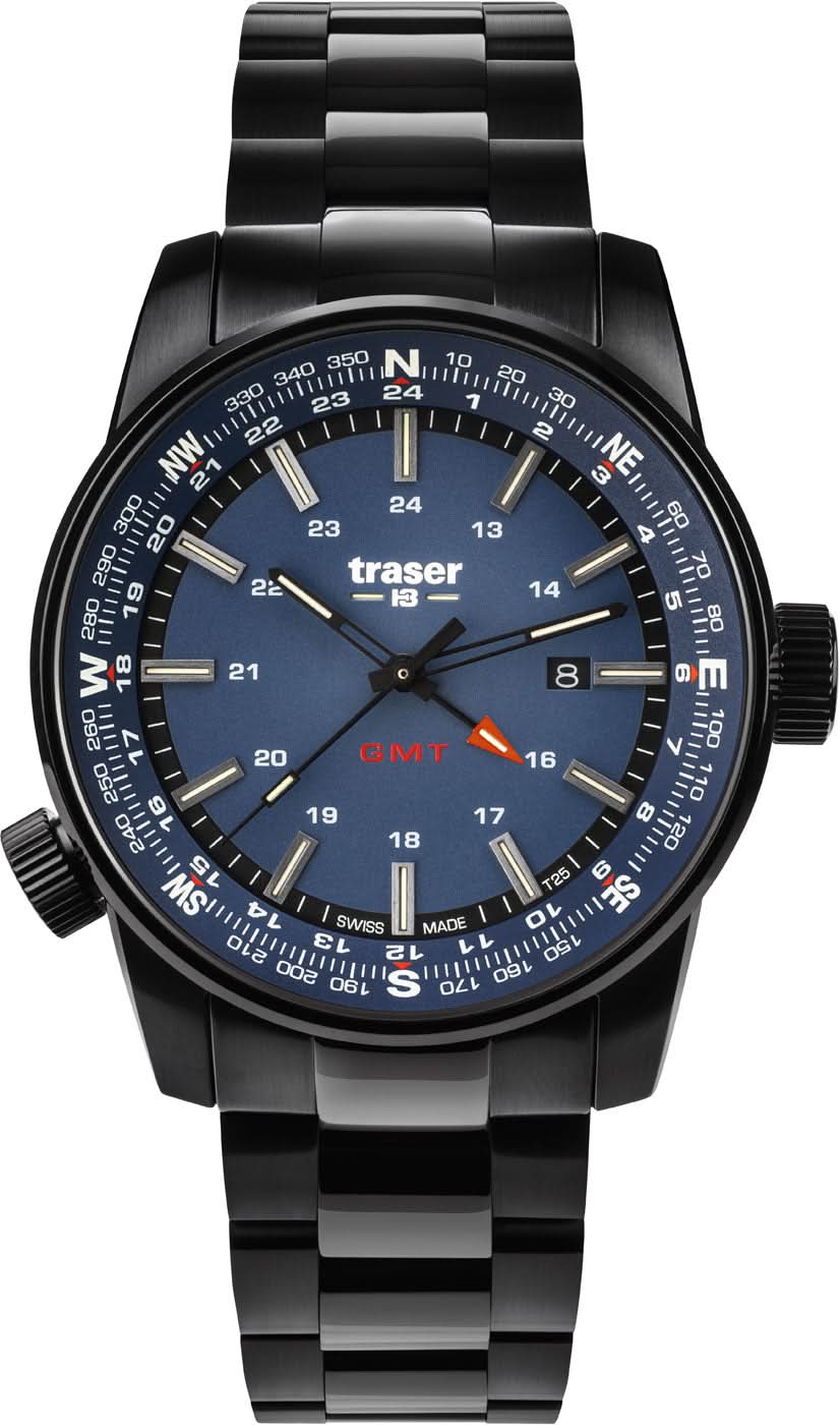 Montre Traser pour homme, bracelet en métal noir, cadran bleu, pointe d'aiguille orange