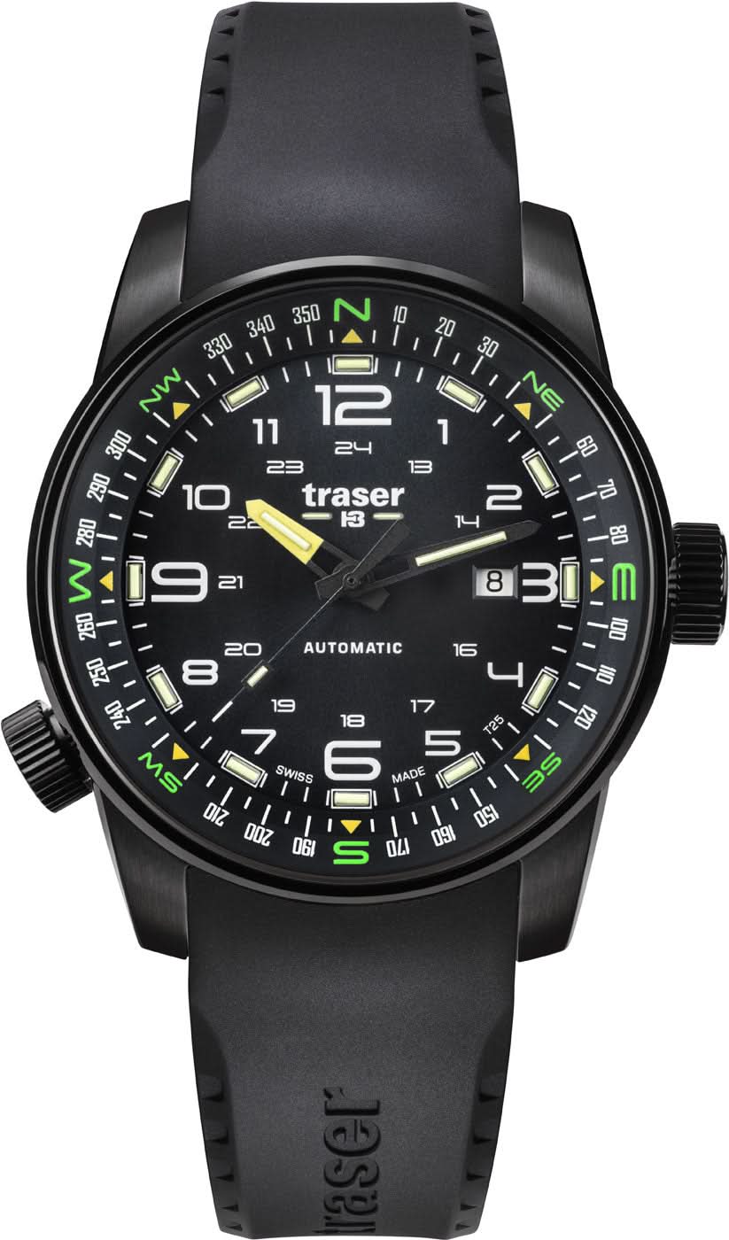 Montre Traser P68 Pathfinder avec bracelet noir, cadran noir et index verts