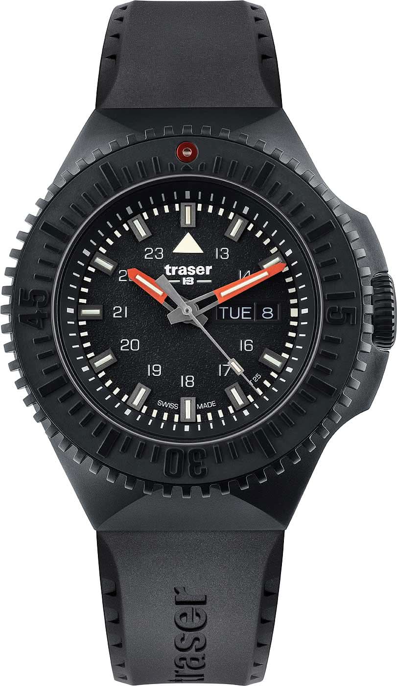 Montre bracelet pour homme avec boîtier noir, cadran noir et index lumineux Traser
