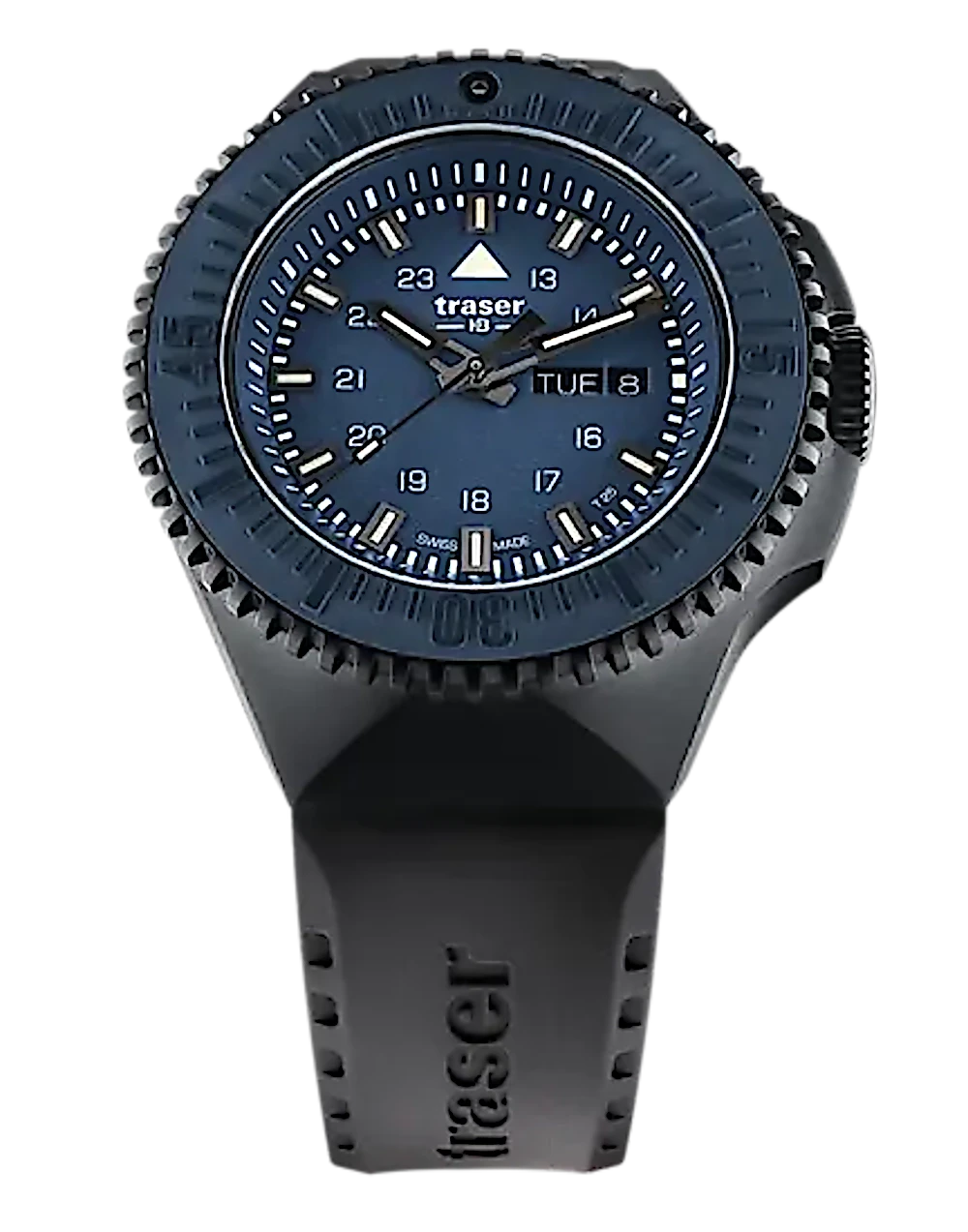 Montre pour homme avec cadran bleu, lunette noire et bracelet en caoutchouc.