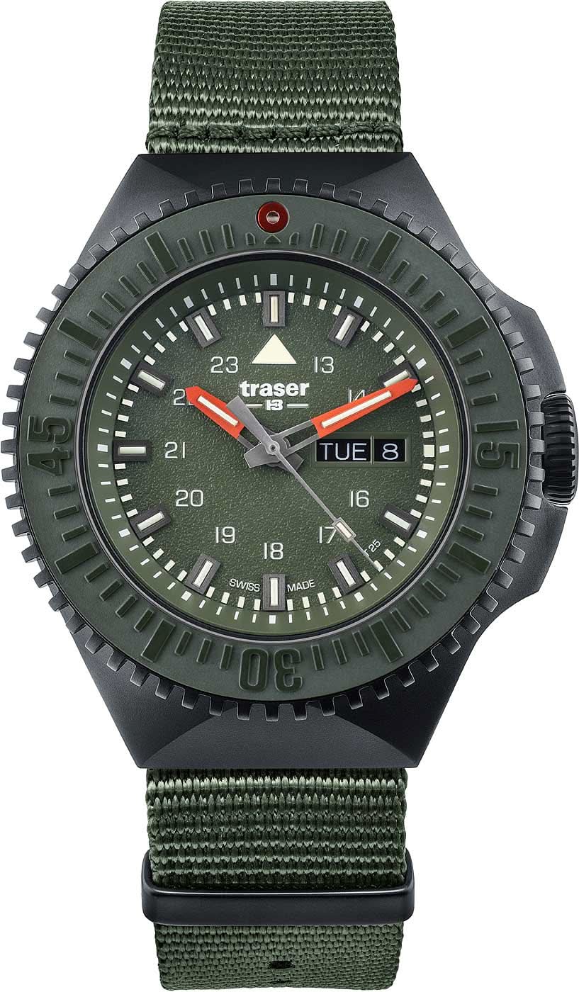 Montre pour homme : cadran vert foncé, index luminescents, bracelet textile vert.