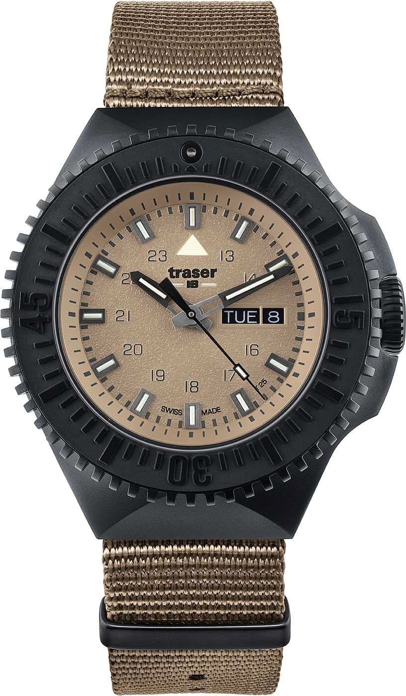 Montre pour homme avec boîtier noir, bracelet textile beige et cadran beige.
