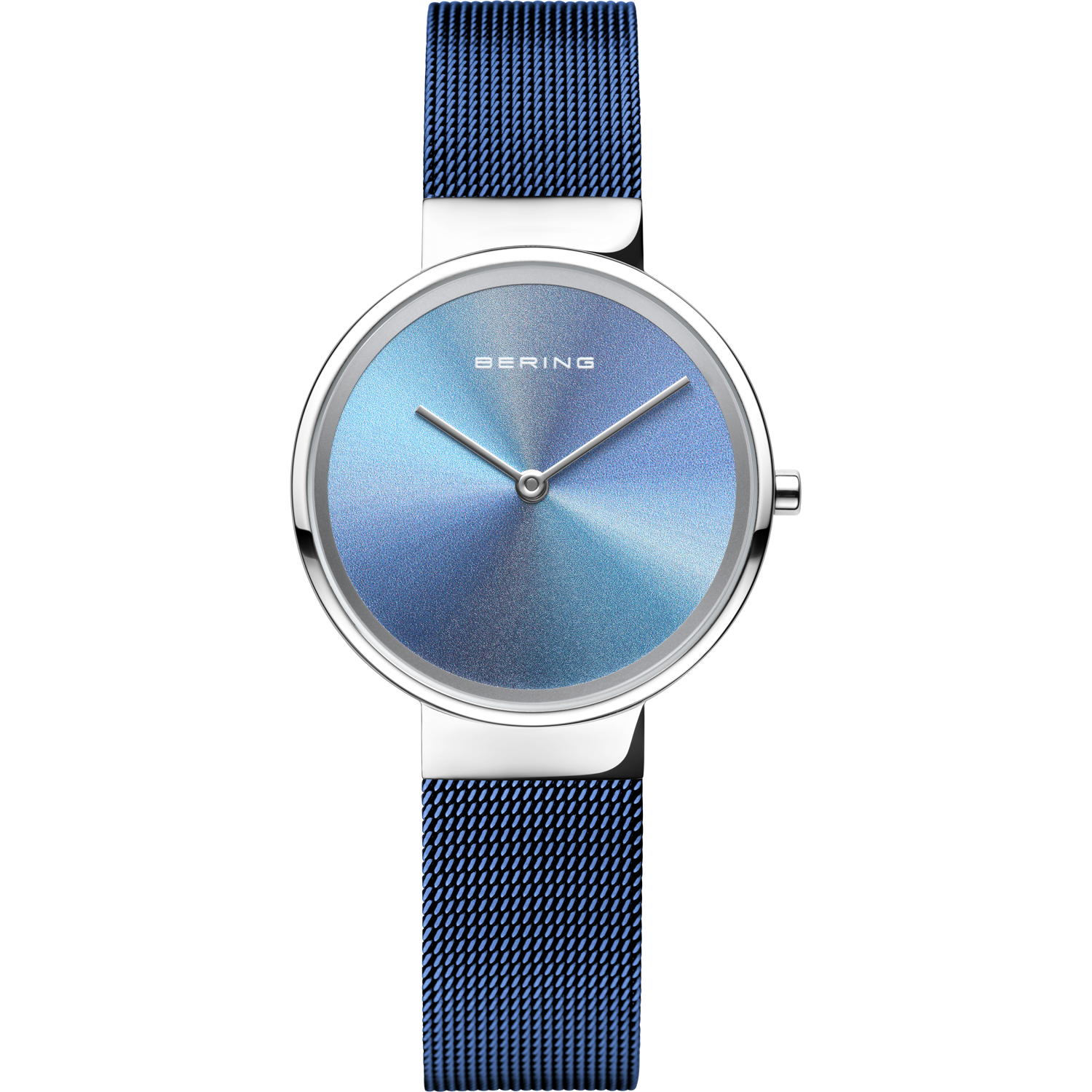 Damenuhr mit blauem Zifferblatt, silbernem Gehäuse und blauem Milanaise-Armband