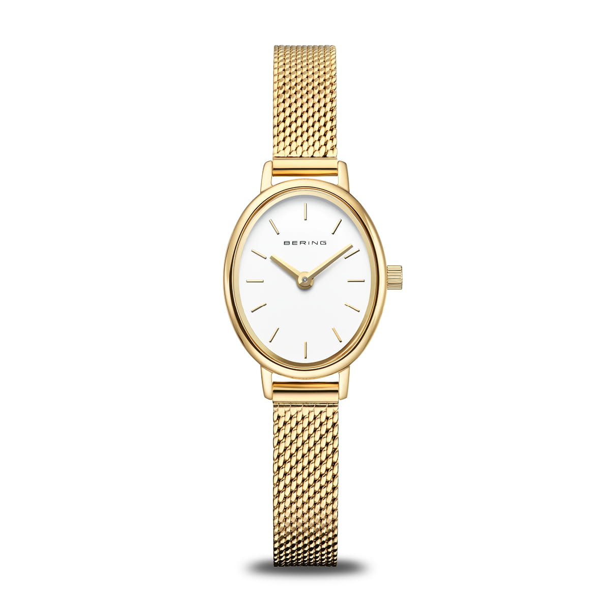 Bering Damenuhr in Gold mit weißem Zifferblatt und Milanaise-Armband