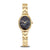 Bering Damenuhr mit goldenem Metallarmband und dunkelblauem Zifferblatt, runde Lünette