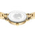 Damenuhr-Rückseite in Gold mit geprägter Gravur und Metallarmbandgliedern