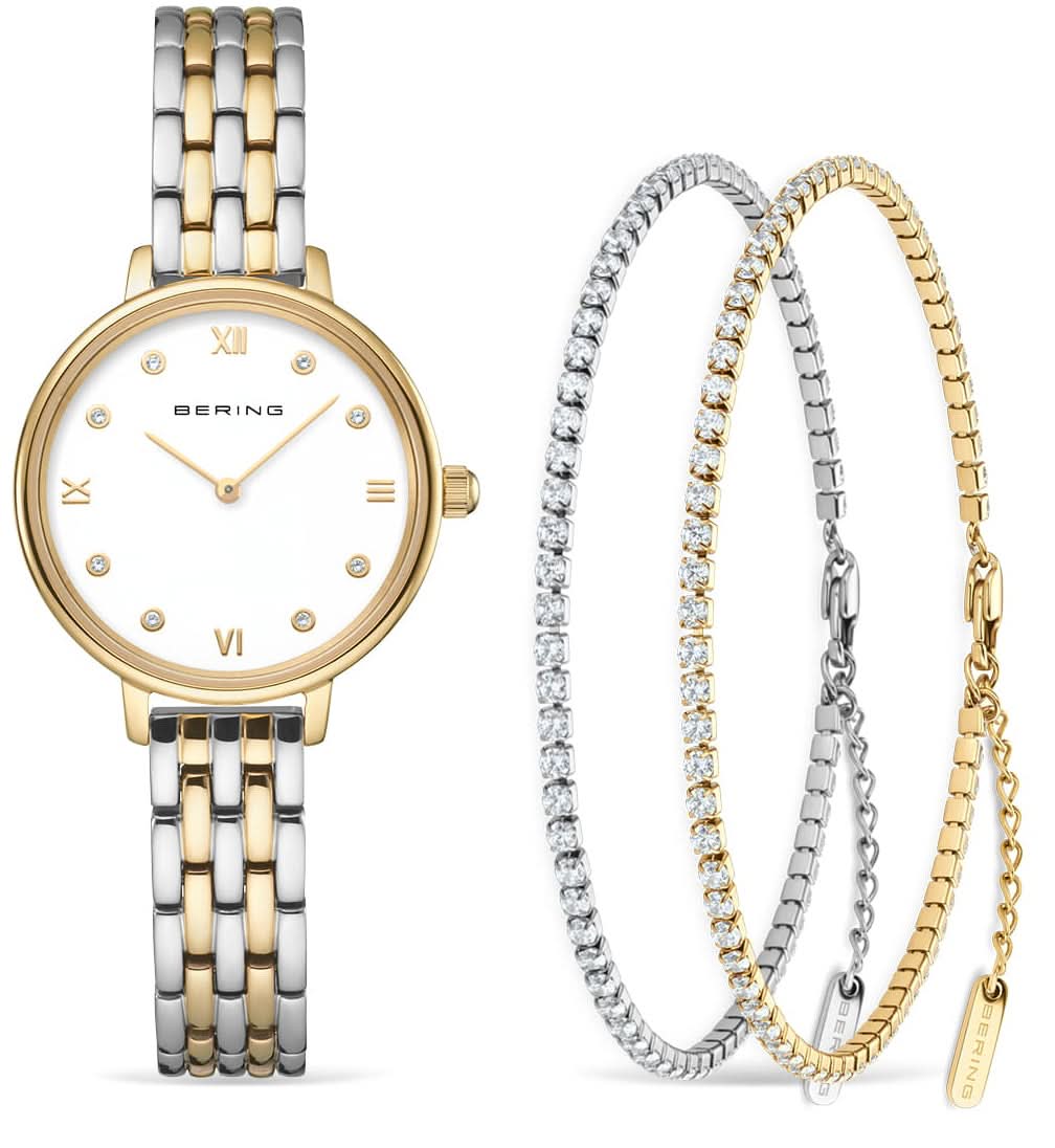 Montre Bering pour femme avec bracelet bicolore en acier inoxydable milanais et cadran clair