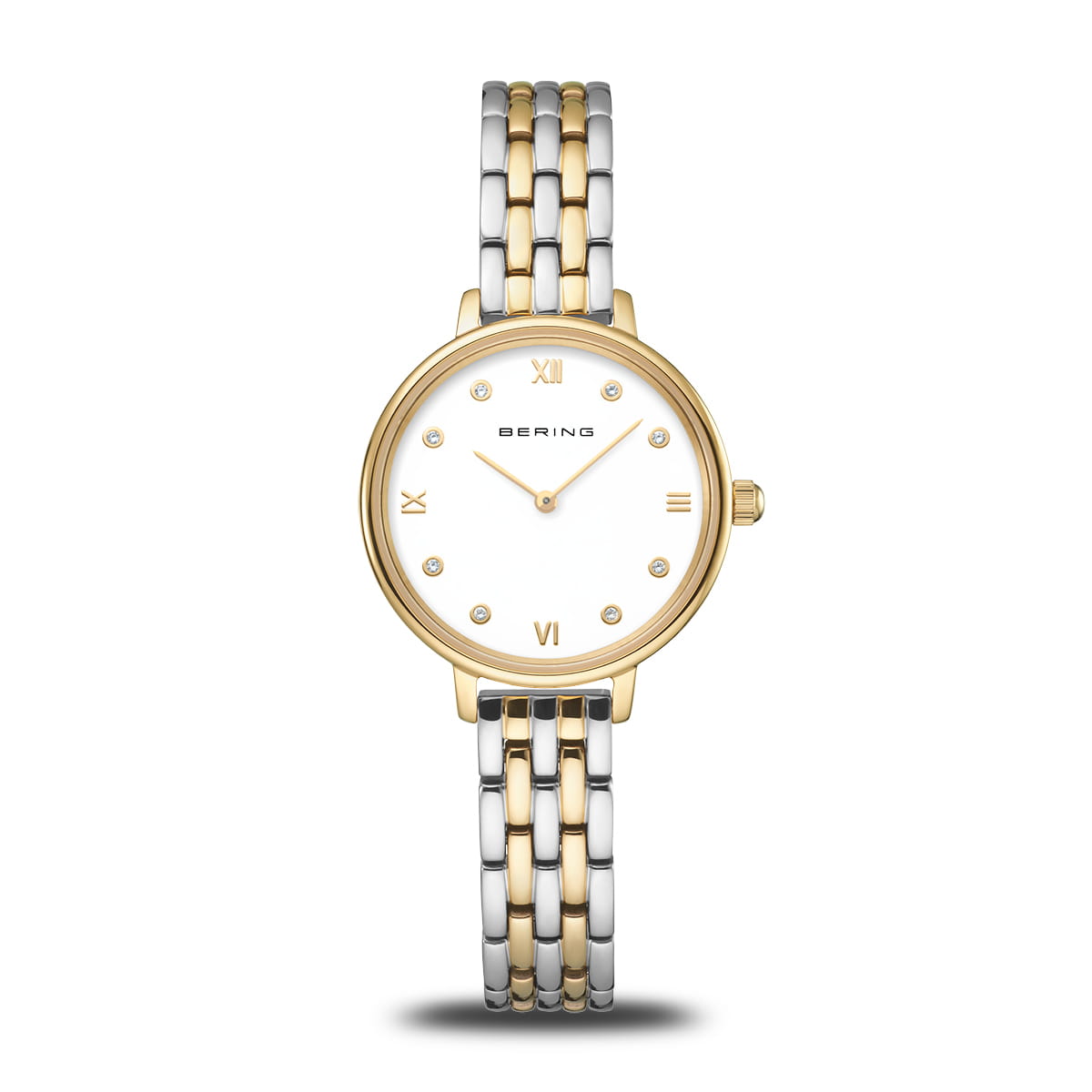 Bering Damenarmbanduhr mit bicolor Edelstahlband, rundem weißem Zifferblatt und römischen Zahlen