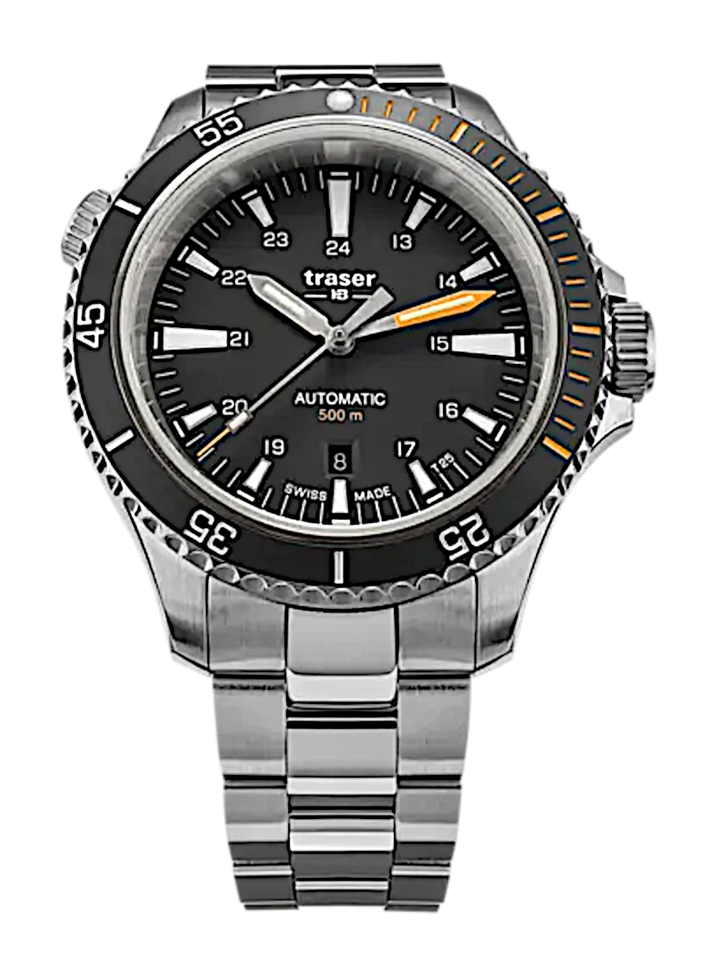 Montre de plongée pour homme avec bracelet en acier inoxydable argenté et cadran noir, automatique