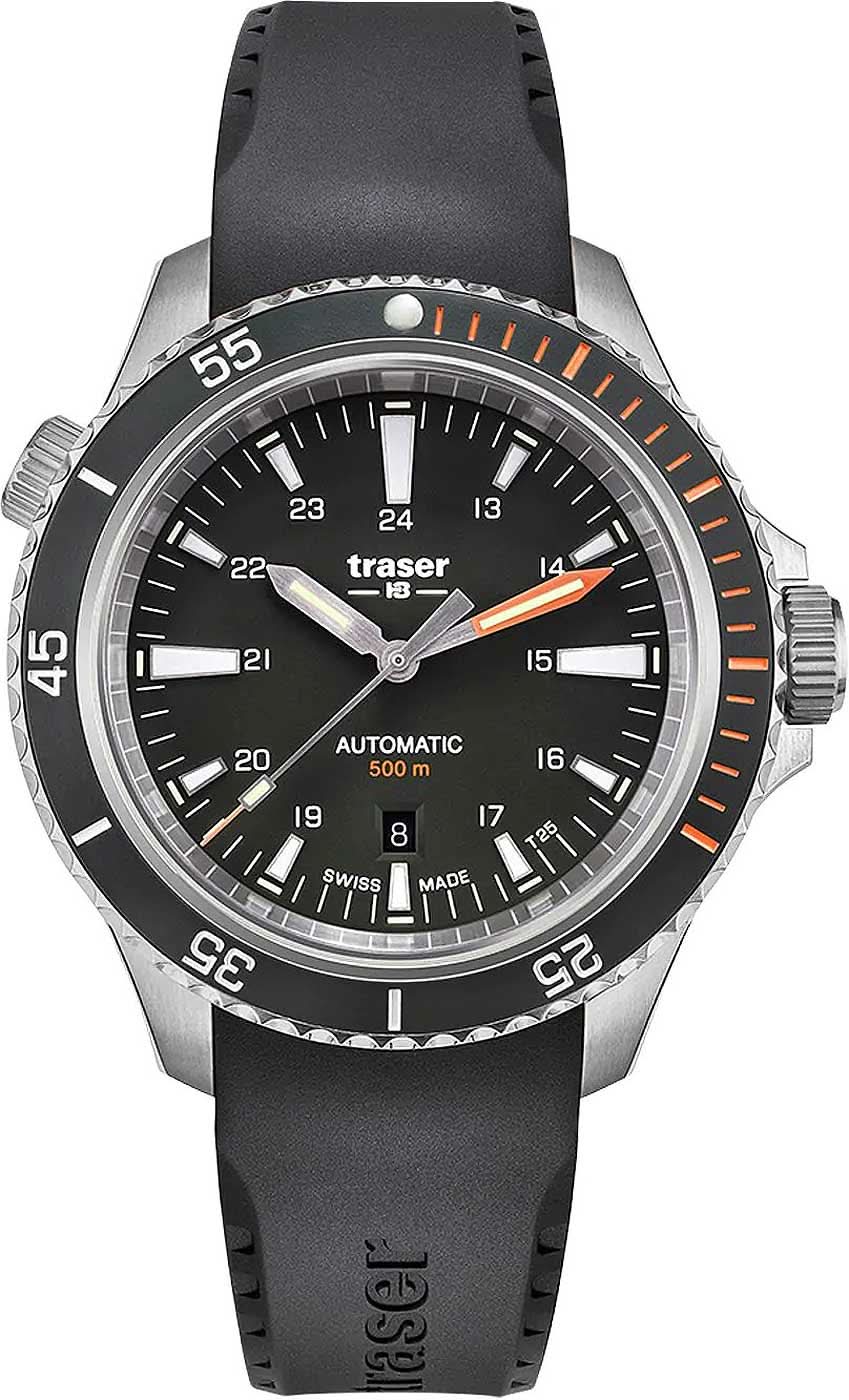 Montre homme avec cadran noir, index orange et bracelet en caoutchouc noir