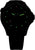 Montre homme avec boîtier noir, index lumineux verts et bracelet en silicone noir