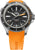 Herrenuhr mit orangefarbenem Kautschukband, schwarzem Zifferblatt und geriffelter Lünette