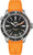 Herrenuhr mit orangefarbenem Kautschukband, schwarzem Zifferblatt und Edelstahlgehäuse