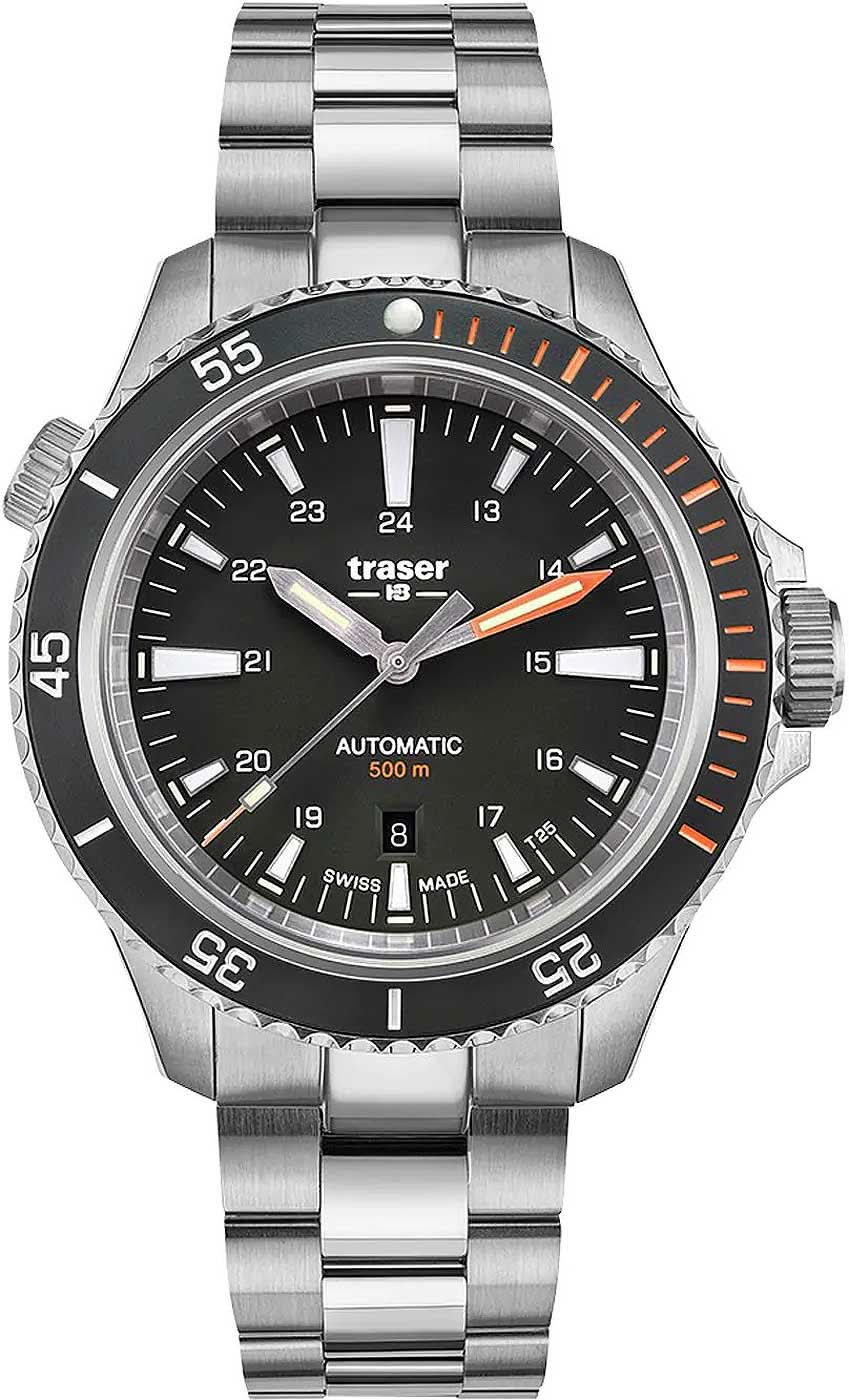 Traser P67 Diver Automatic Herrenuhr: schwarzes Zifferblatt, Metallarmband, Datumsfenster