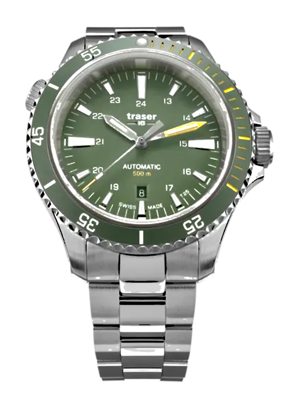 Montre de plongée homme avec cadran vert, bracelet en acier et lunette visible