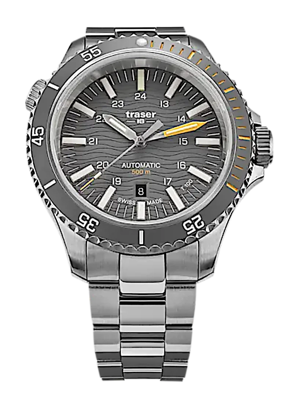 Montre pour homme avec bracelet en acier argenté et cadran noir, affichage automatique