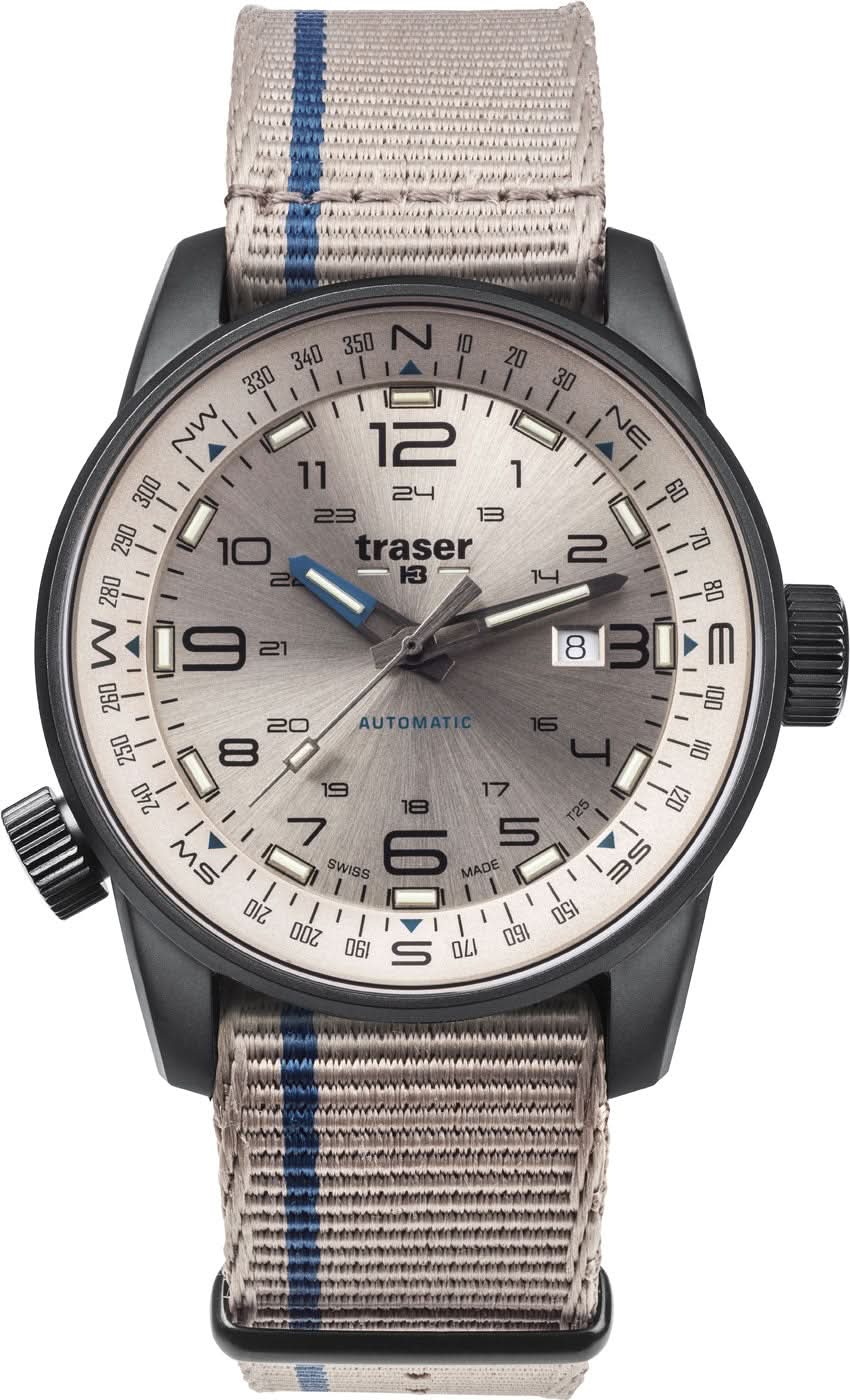 Montre homme avec bracelet en tissu beige et rayure bleue, cadran beige, automatique
