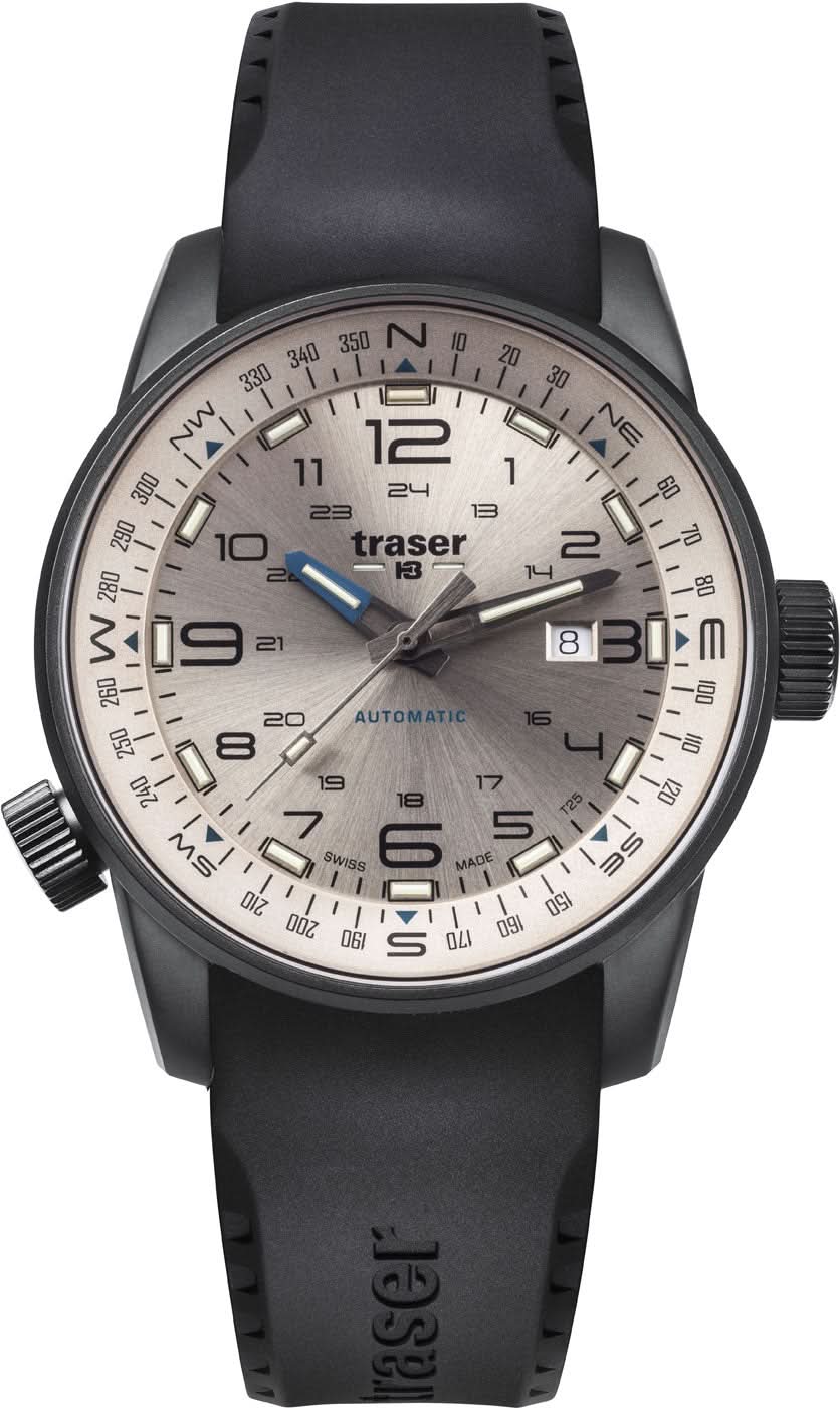 Montre homme : cadran clair, luminescence Trigalight, aiguilles noires, bracelet caoutchouc noir