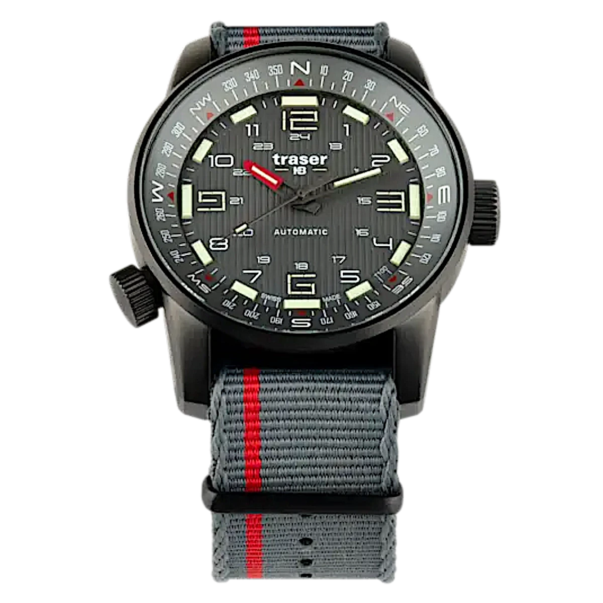 Montre homme Traser : cadran noir, index luminescents, bracelet en tissu gris à rayure rouge