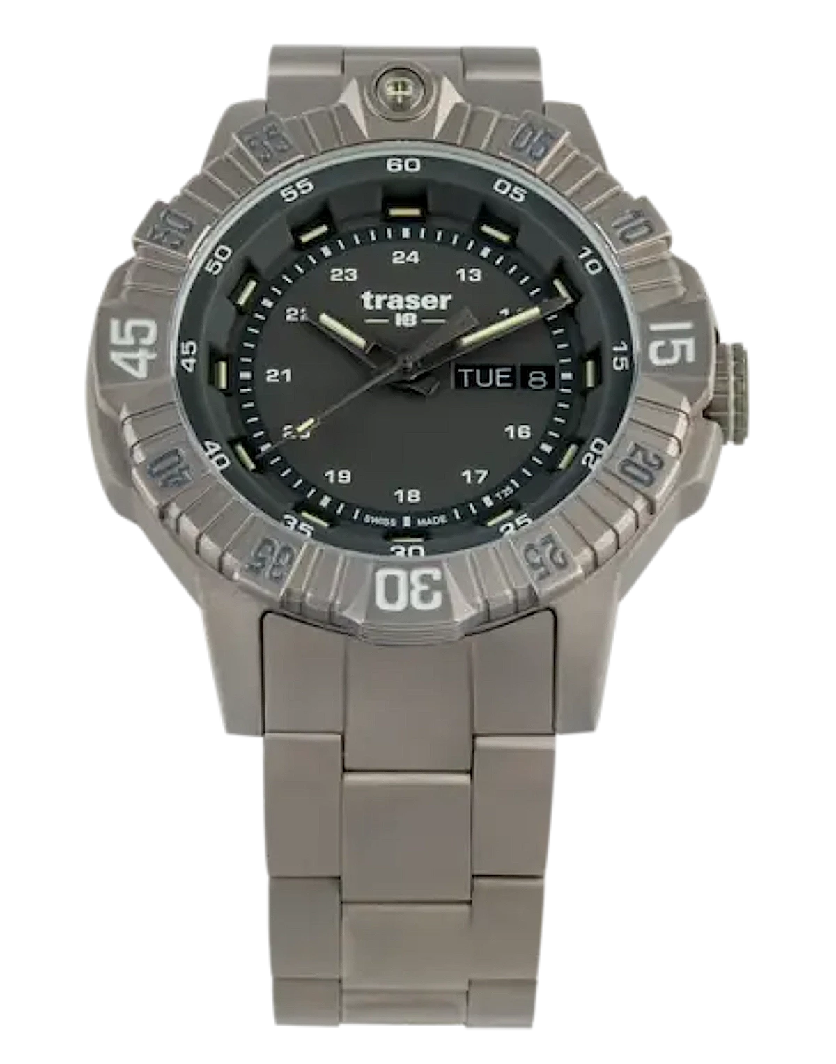 Montre homme Titan, bracelet argenté, cadran noir avec index luminescents