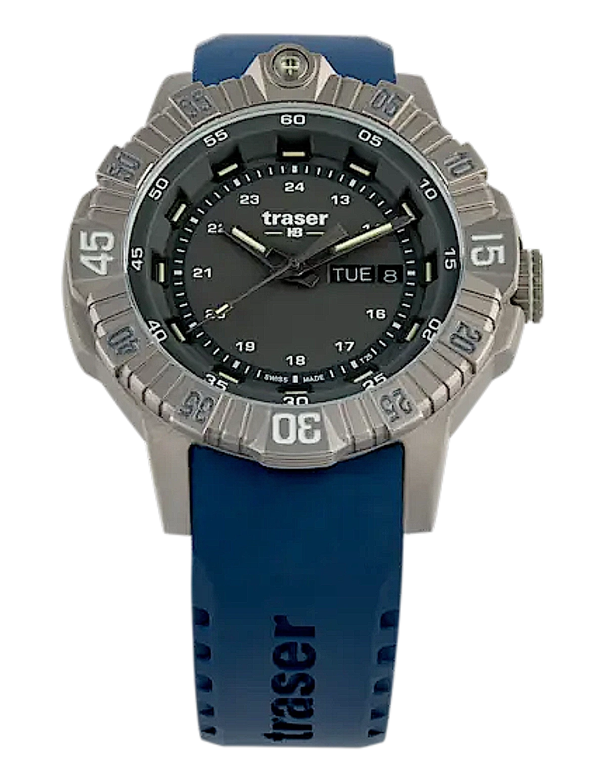 Montre tactique Traser P99 T pour homme avec bracelet en silicone bleu et cadran noir