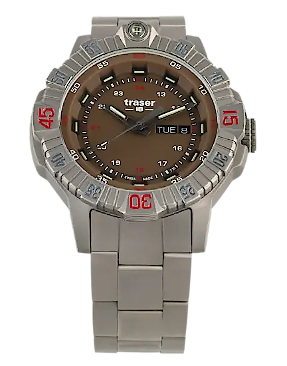 Montre Traser pour homme avec bracelet en métal, cadran marron et lunette rouge