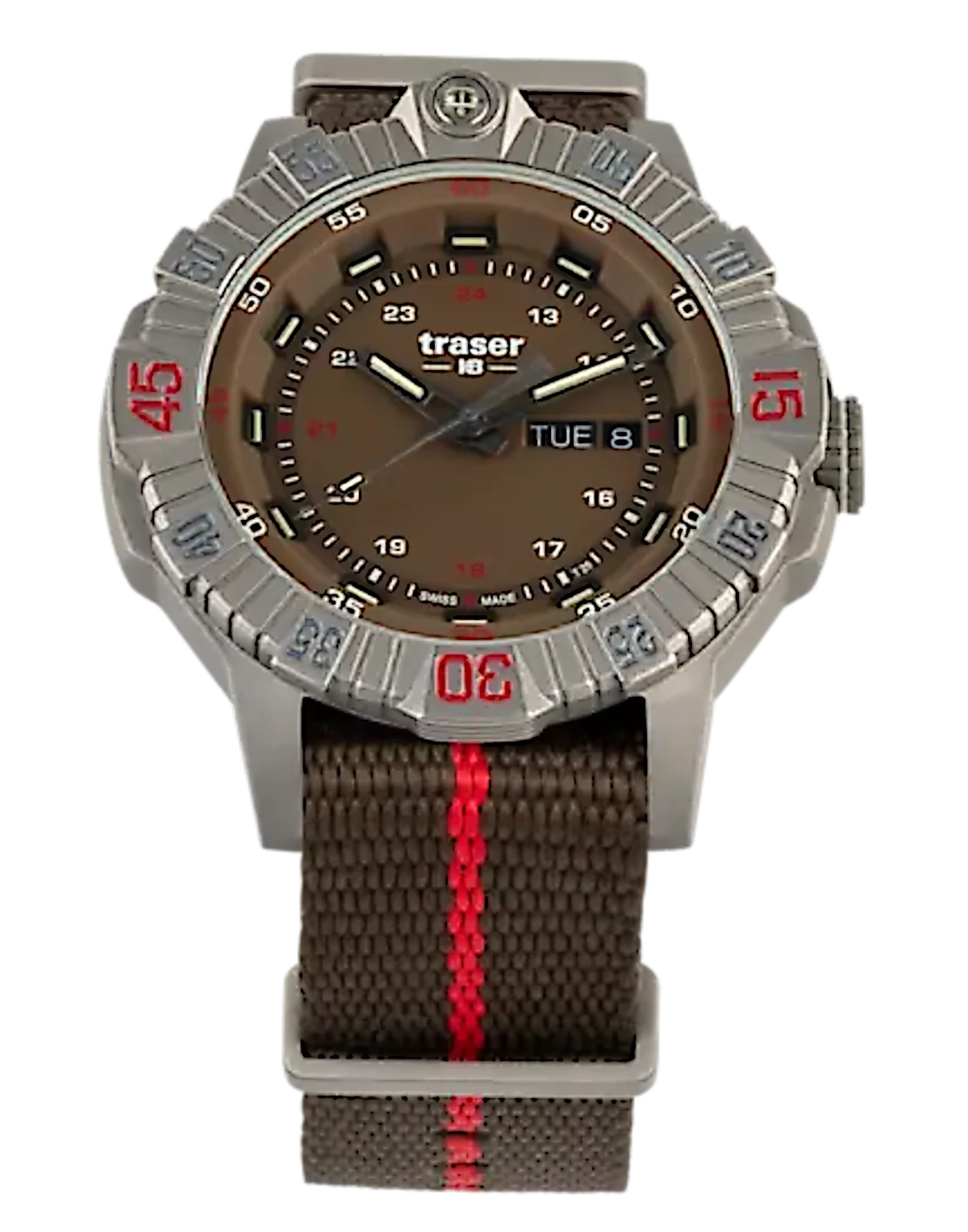 Montre pour homme : cadran marron, boîtier en titane, bracelet en textile avec bande centrale rouge