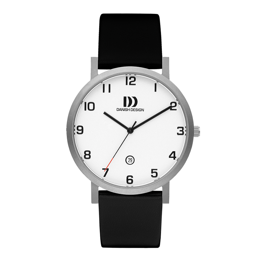 Danish Design Herrenarmbanduhr: schwarzes Lederband, silbernes Titangehäuse, weißes Zifferblatt