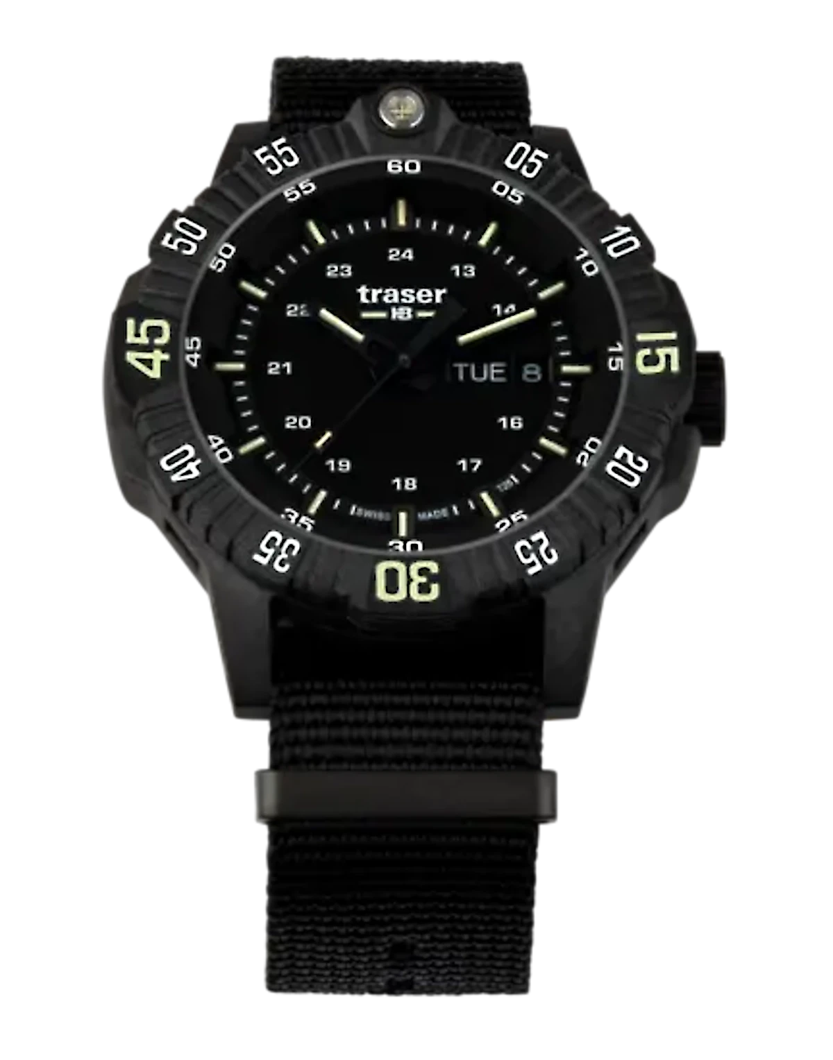 Bracelet de montre pour homme avec cadran noir, index luminescents et bracelet textile noir.