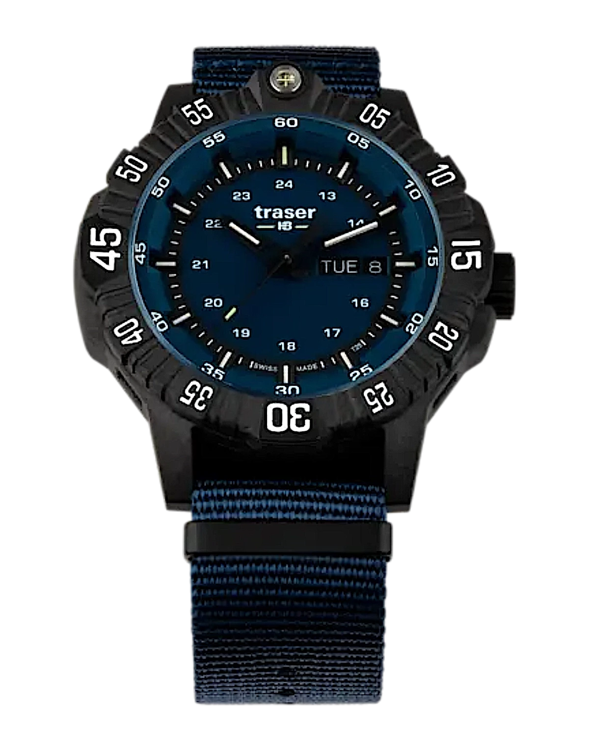 Montre pour homme avec bracelet textile bleu, boîtier noir et aiguilles/index luminescents bleus.