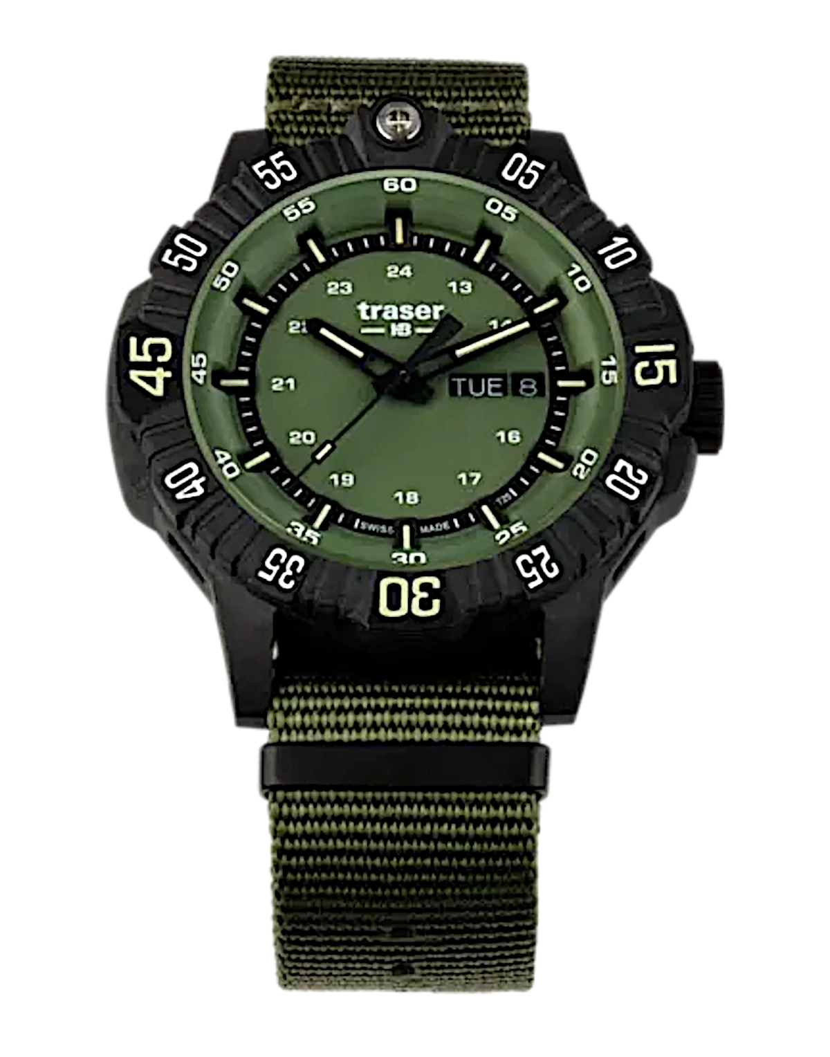 Montre tactique Traser P99 Q avec bracelet textile vert et chiffres luminescents sur le cadran