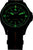 Montre homme : cadran vert avec index luminescents, bracelet en tissu noir avec bande centrale marron