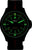 Montre homme avec bracelet en tissu noir, chiffres et aiguilles luminescents verts, affichage automatique