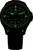 Montre automatique avec bracelet en cuir noir, cadran lumineux vert et boîtier noir