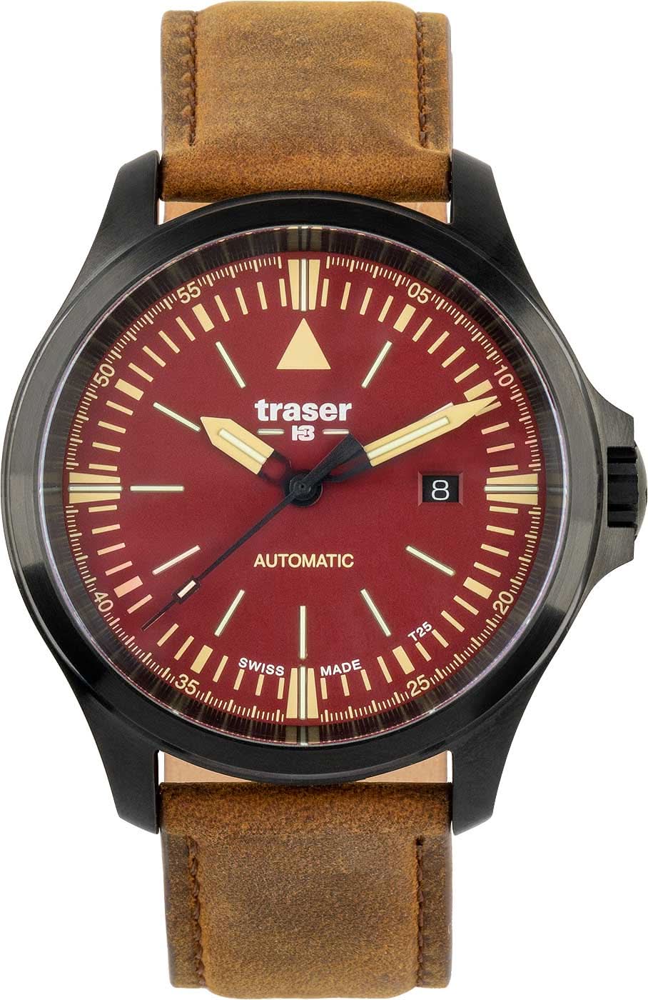 Montre automatique avec bracelet en cuir marron, cadran rouge et boîtier noir