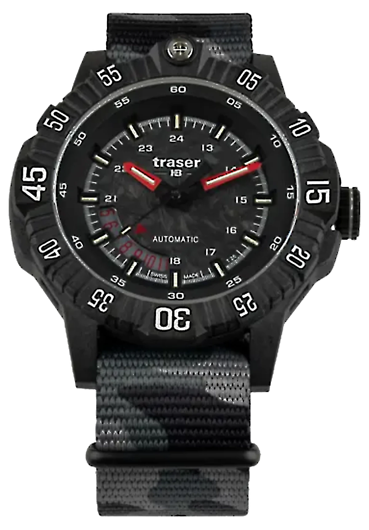 Montre pour homme : boîtier en carbone noir, cadran noir, aiguilles rouges, bracelet en tissu