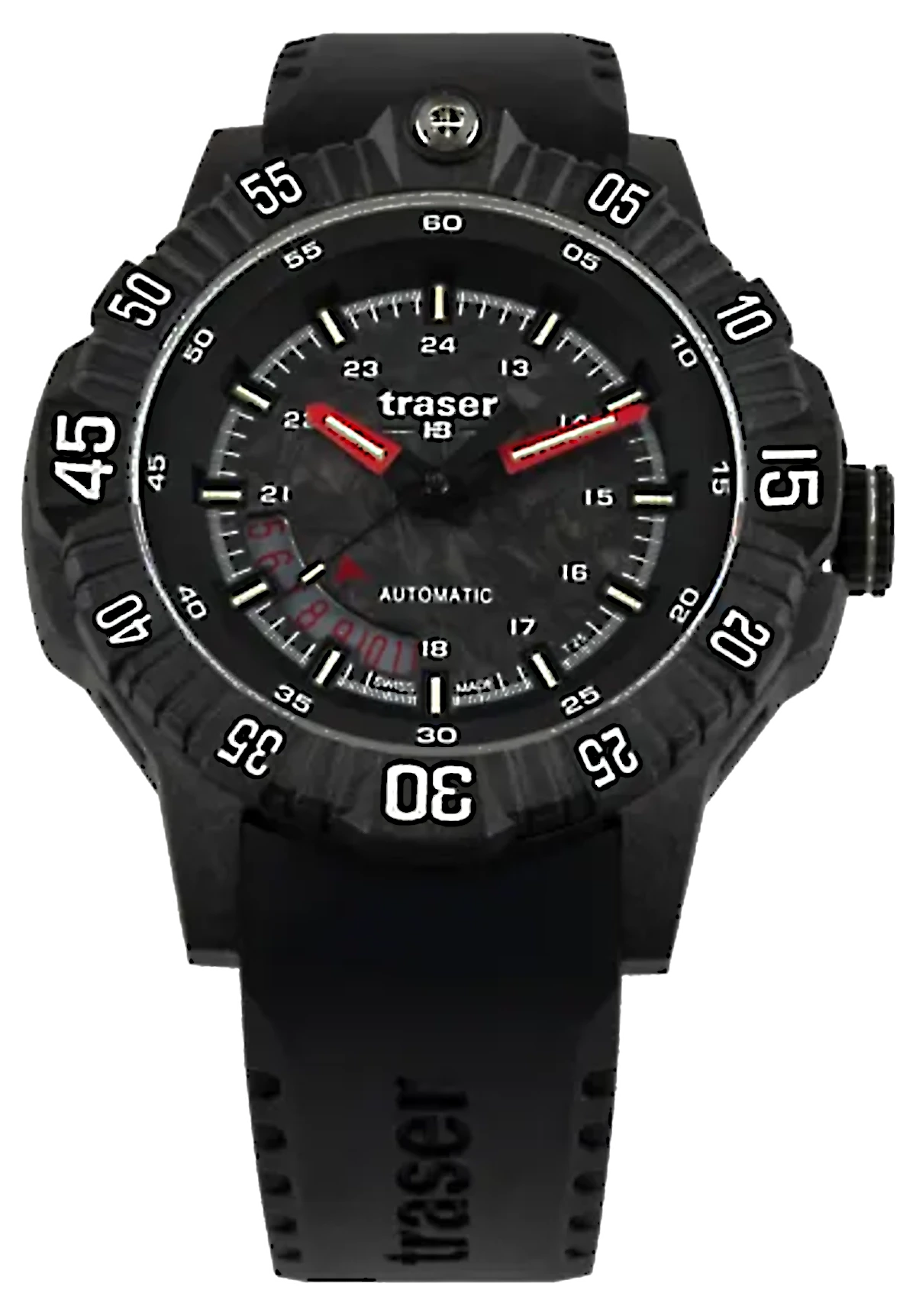 Bracelet de montre pour homme avec cadran noir, aiguilles rouges et bracelet en caoutchouc noir