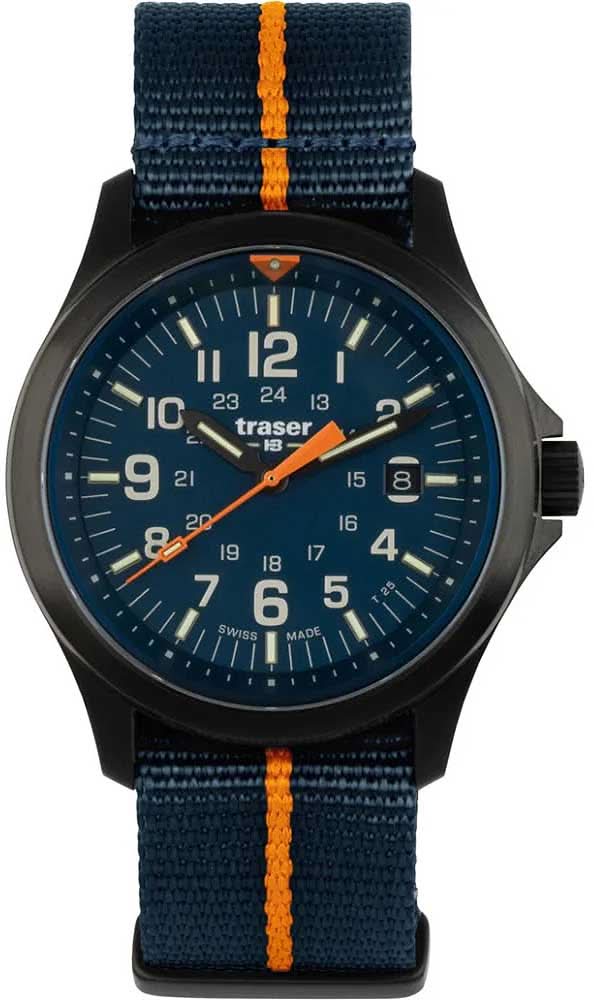 Bracelet montre avec cadran bleu foncé et bracelet textile bleu foncé à rayures orange
