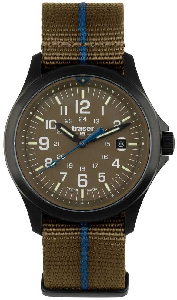 Herrenuhr mit schwarzem Gehäuse, dunkelbraunem Zifferblatt und khakifarbenem Armband mit blauem Streifen