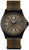 Herrenuhr mit schwarzem Gehäuse, dunkelbraunem Zifferblatt und khakifarbenem Armband mit blauem Streifen