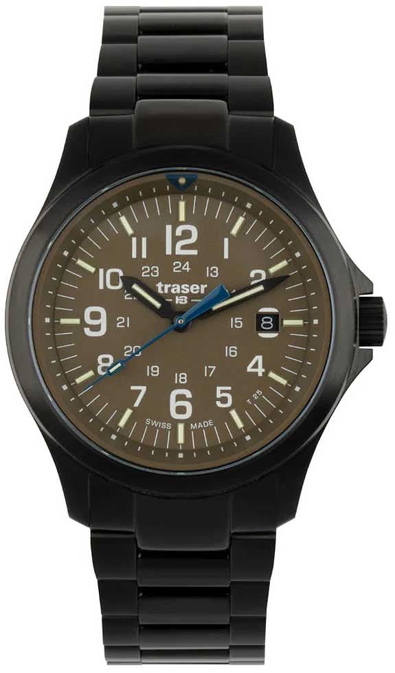 Montre Traser pour homme avec bracelet en métal noir et cadran vert olive, guichet date